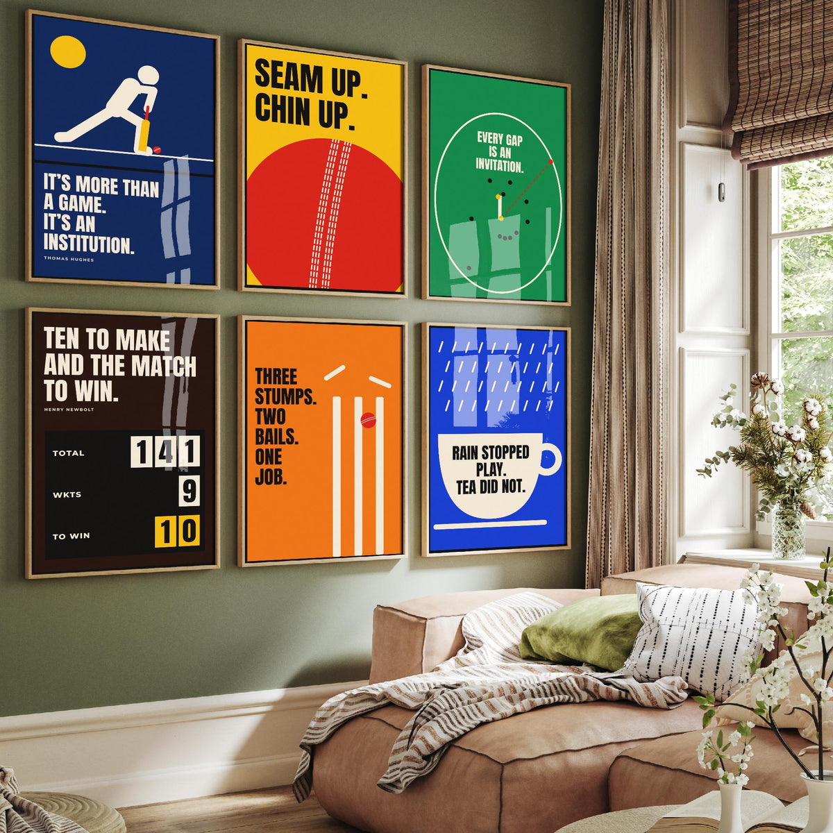 Set of Six Cricket Quote Art Prints - 6 Bauhaus Cricketer Posters - Minimalist Sport Illustration - Bat, Ball, Stumps