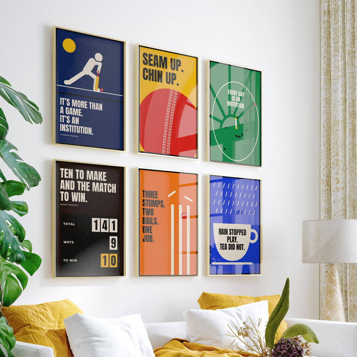 Set of Six Cricket Quote Art Prints - 6 Bauhaus Cricketer Posters - Minimalist Sport Illustration - Bat, Ball, Stumps