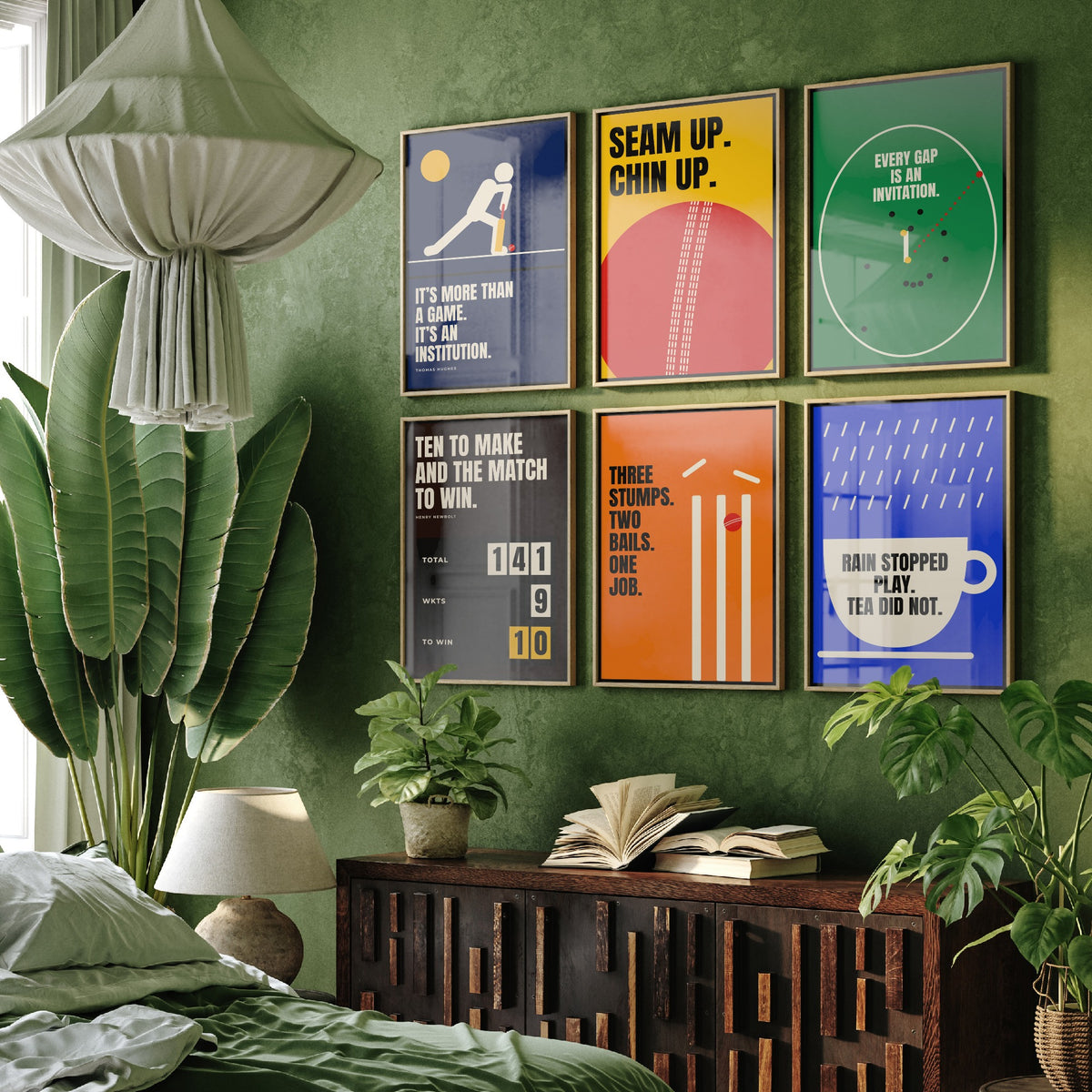 Set of Six Cricket Quote Art Prints - 6 Bauhaus Cricketer Posters - Minimalist Sport Illustration - Bat, Ball, Stumps