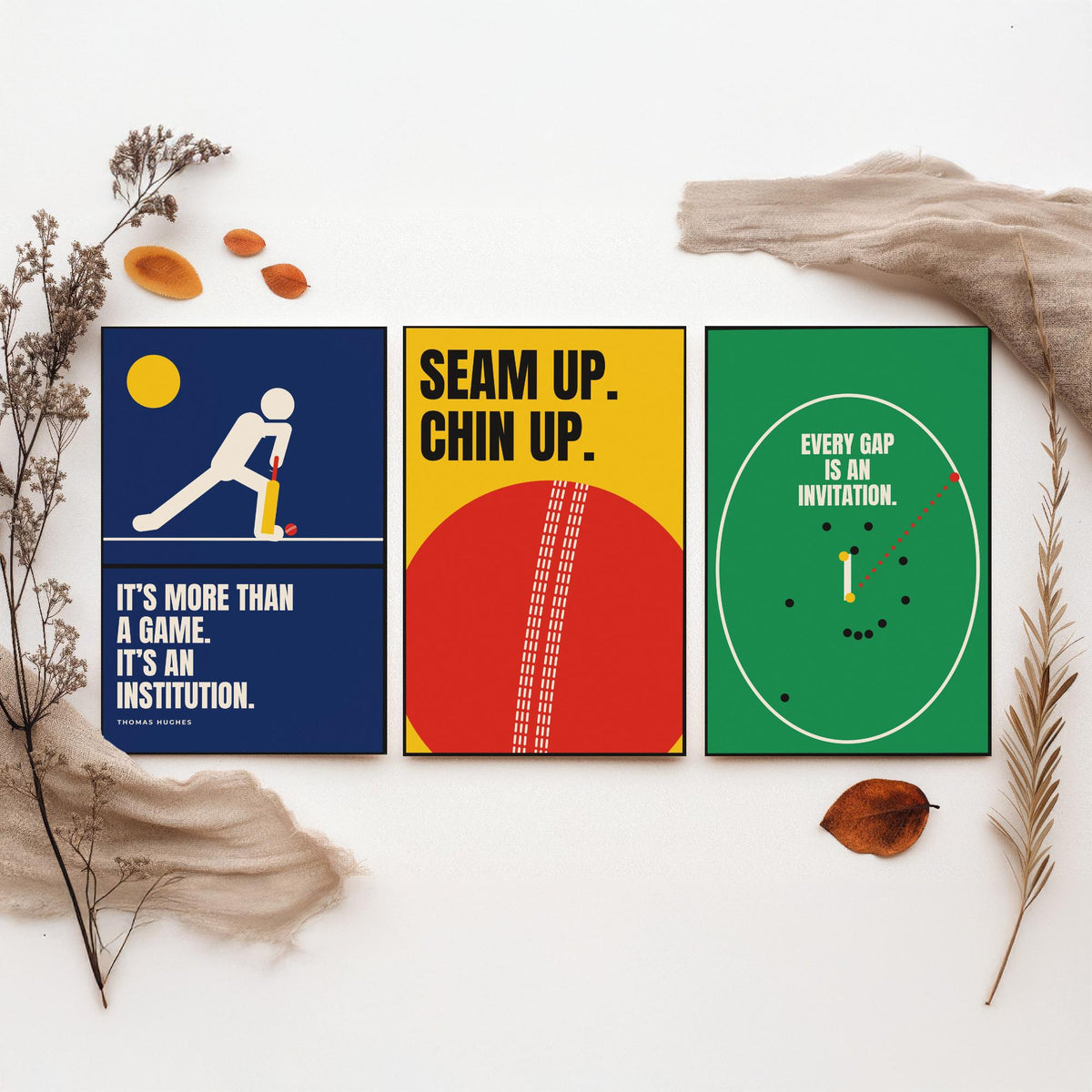 Cricket Quotes Set of Three Art Prints - 3 Bauhaus Cricketer Posters - Minimalist Sport Wall Art Illustration V1