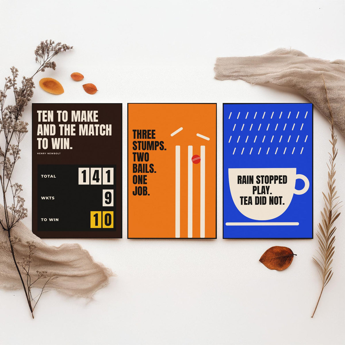 Cricket Quotes Set of Three Art Prints - 3 Retro Bauhaus Cricketer Posters - Minimalist Sport Wall Art Illustration V2