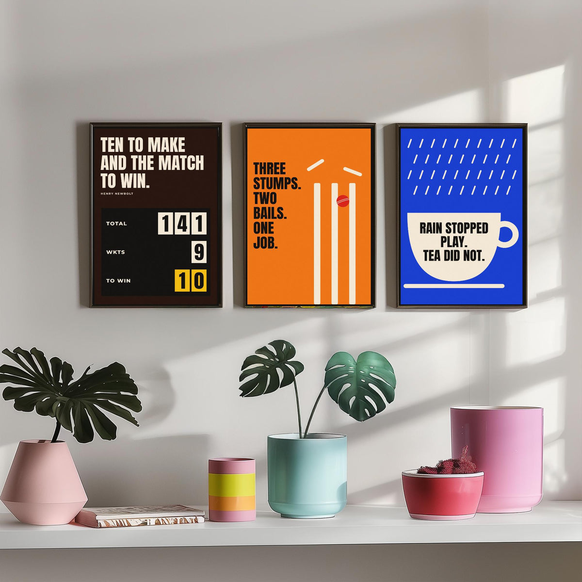 Cricket Quotes Set of Three Art Prints - 3 Retro Bauhaus Cricketer Posters - Minimalist Sport Wall Art Illustration V2