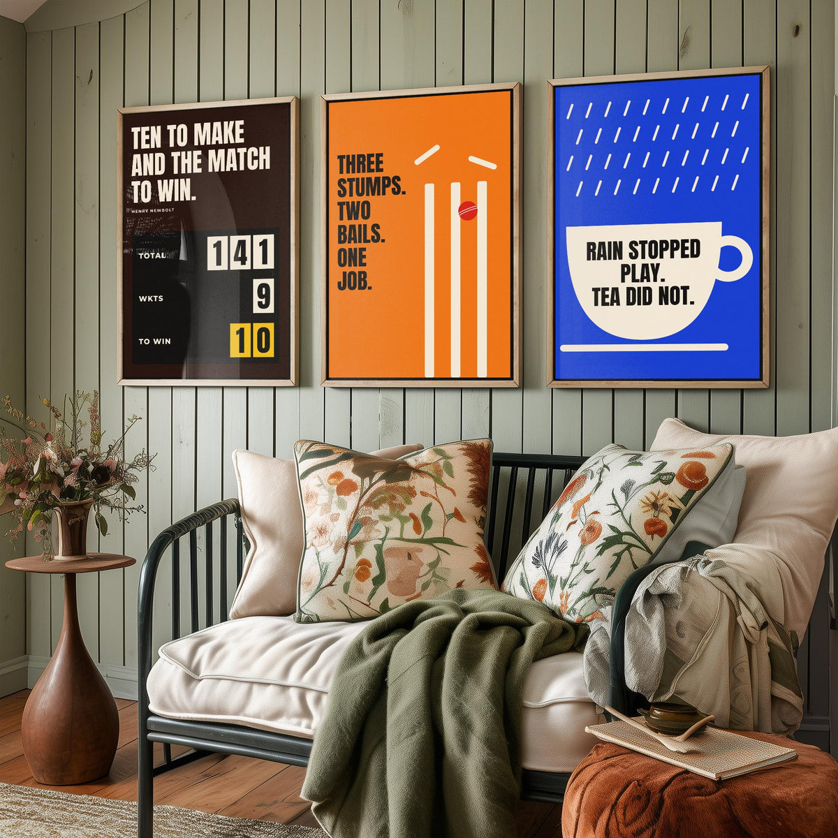 Cricket Quotes Set of Three Art Prints - 3 Retro Bauhaus Cricketer Posters - Minimalist Sport Wall Art Illustration V2