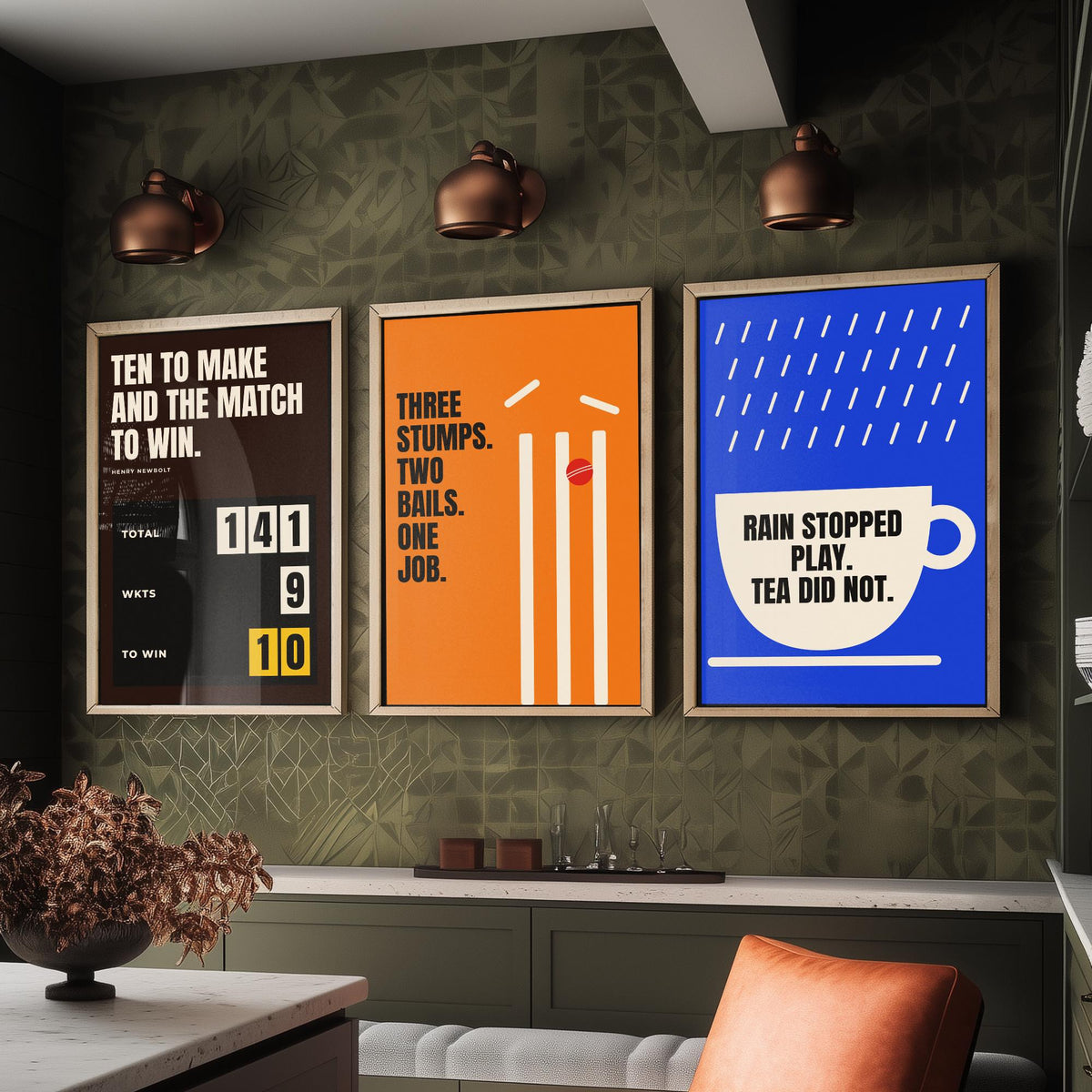 Cricket Quotes Set of Three Art Prints - 3 Retro Bauhaus Cricketer Posters - Minimalist Sport Wall Art Illustration V2