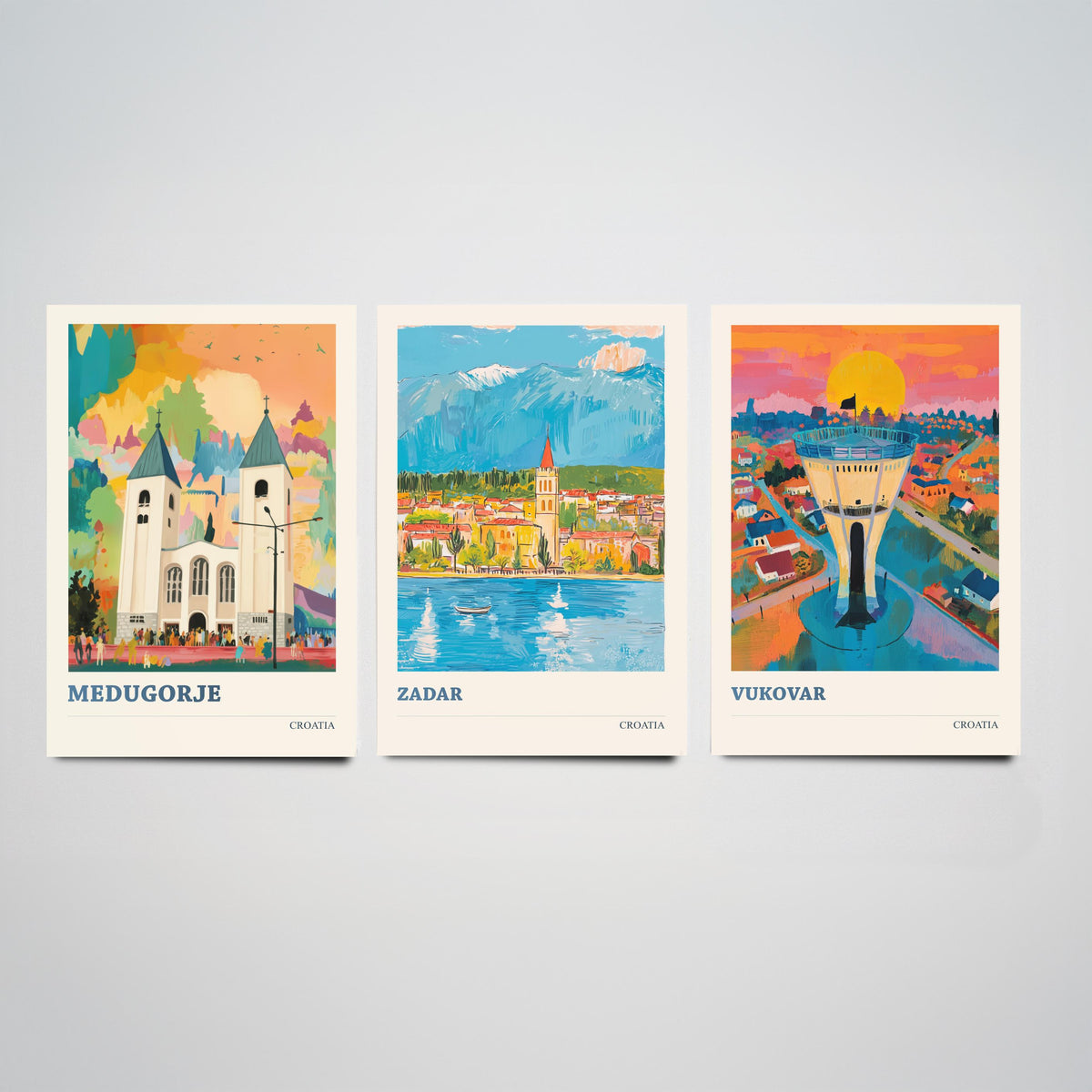 Croatia Set of Three Prints | Medjugorje Zadar Vukovar | Vibrant Folk Art Travel Landscape Painting Wall Poster