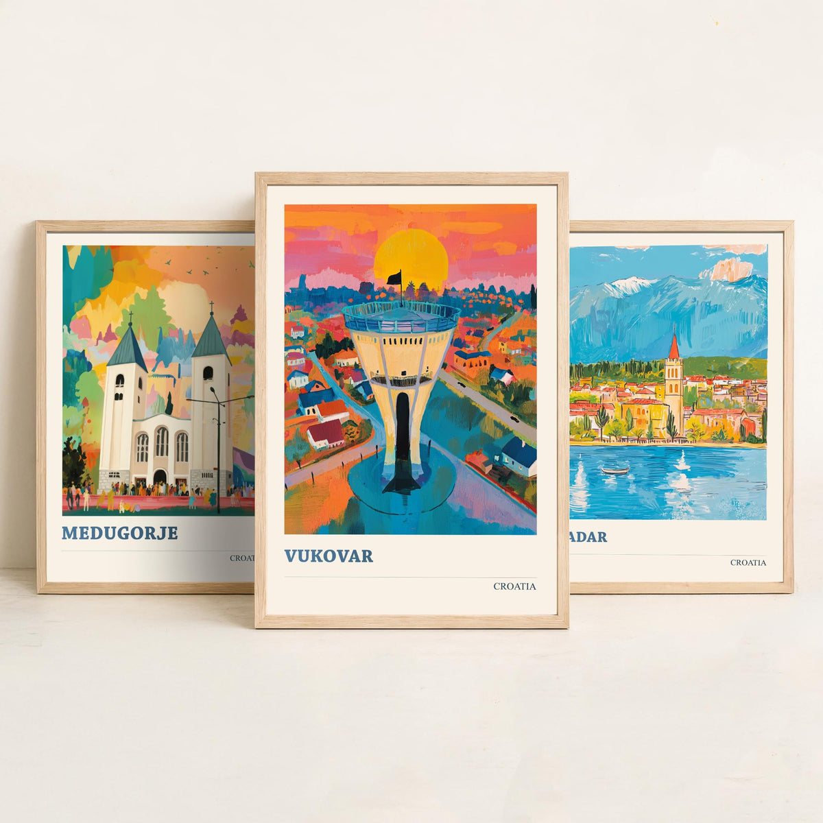 Croatia Set of Three Prints | Medjugorje Zadar Vukovar | Vibrant Folk Art Travel Landscape Painting Wall Poster