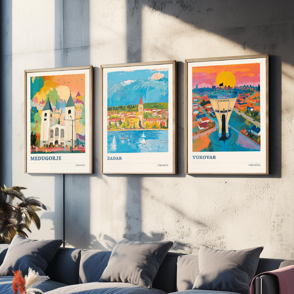 Croatia Set of Three Prints | Medjugorje Zadar Vukovar | Vibrant Folk Art Travel Landscape Painting Wall Poster