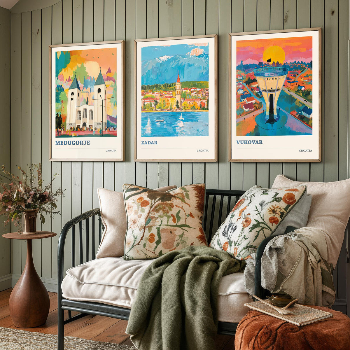 Croatia Set of Three Prints | Medjugorje Zadar Vukovar | Vibrant Folk Art Travel Landscape Painting Wall Poster