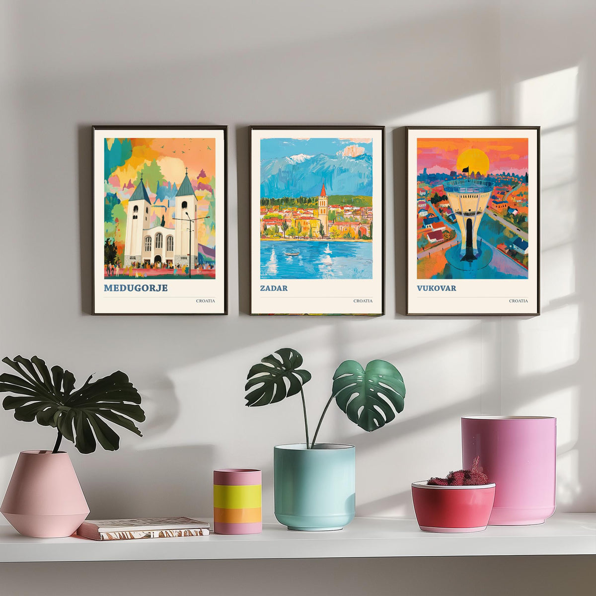 Croatia Set of Three Prints | Medjugorje Zadar Vukovar | Vibrant Folk Art Travel Landscape Painting Wall Poster