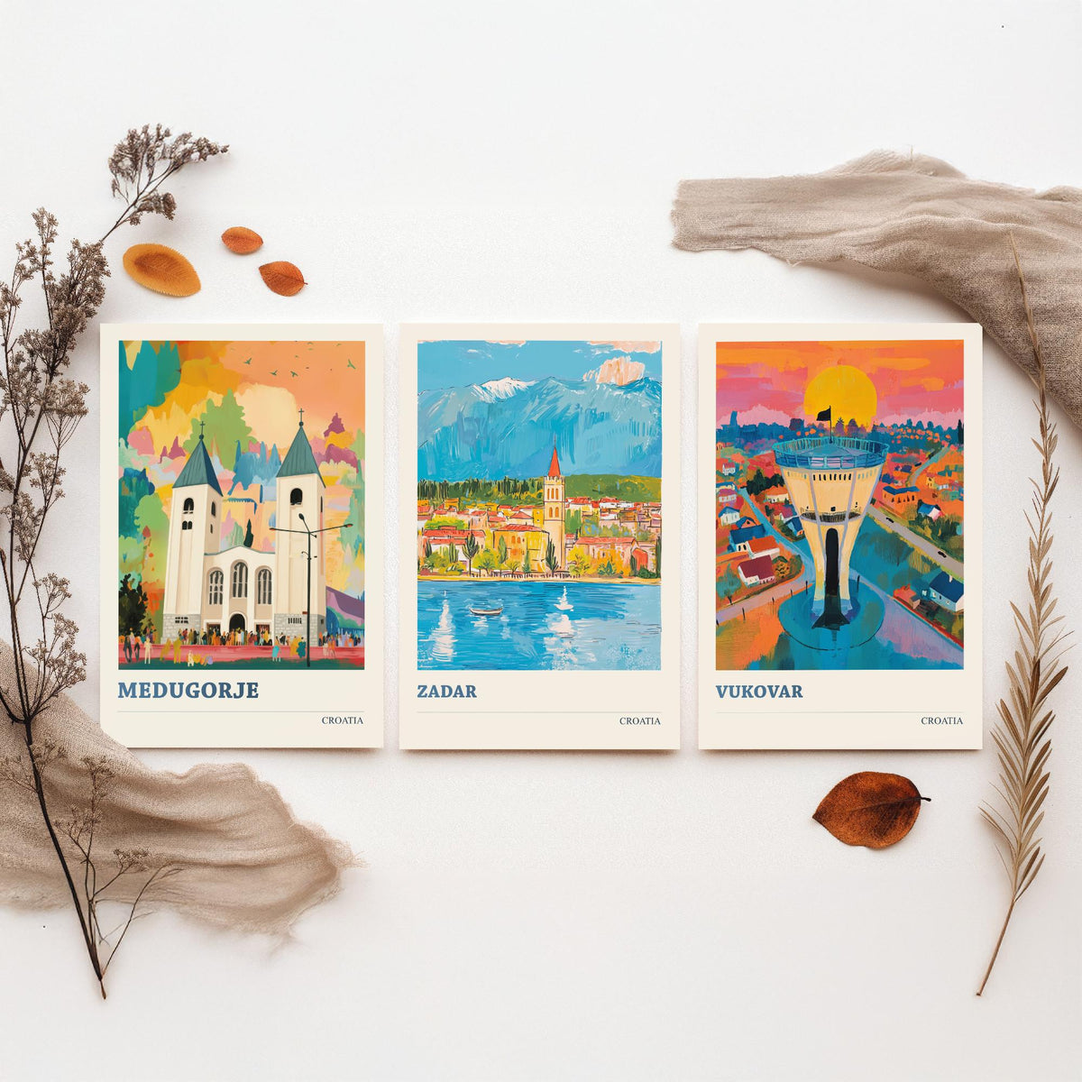 Croatia Set of Three Prints | Medjugorje Zadar Vukovar | Vibrant Folk Art Travel Landscape Painting Wall Poster