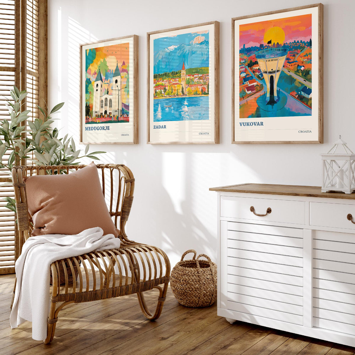 Croatia Set of Three Prints | Medjugorje Zadar Vukovar | Vibrant Folk Art Travel Landscape Painting Wall Poster