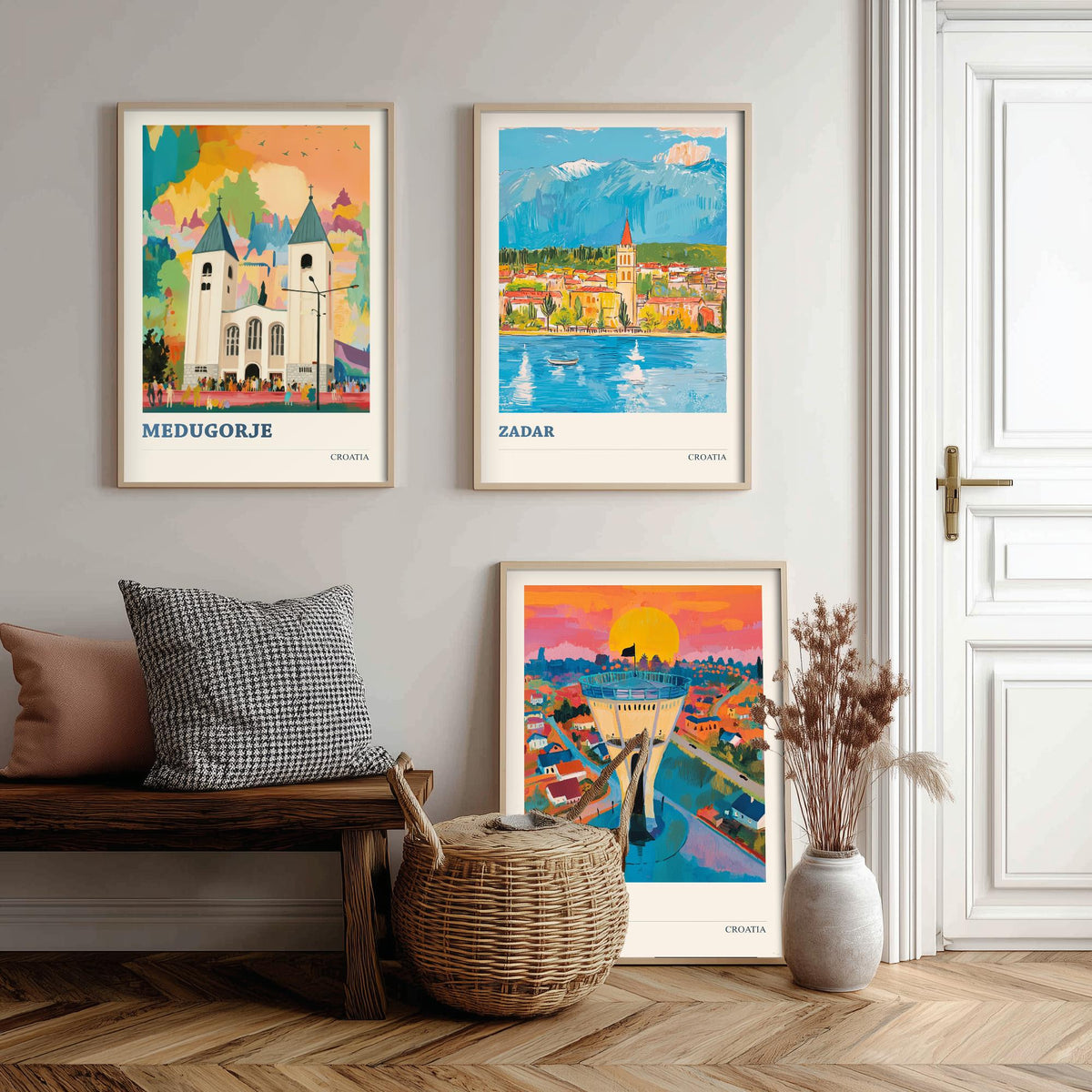 Croatia Set of Three Prints | Medjugorje Zadar Vukovar | Vibrant Folk Art Travel Landscape Painting Wall Poster