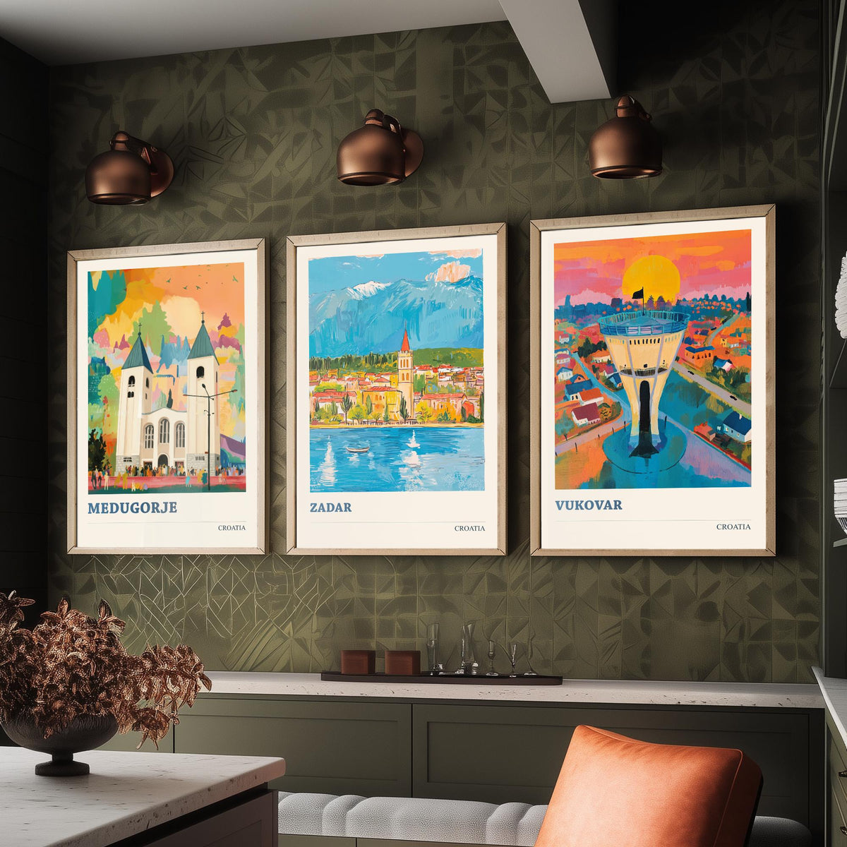 Croatia Set of Three Prints | Medjugorje Zadar Vukovar | Vibrant Folk Art Travel Landscape Painting Wall Poster