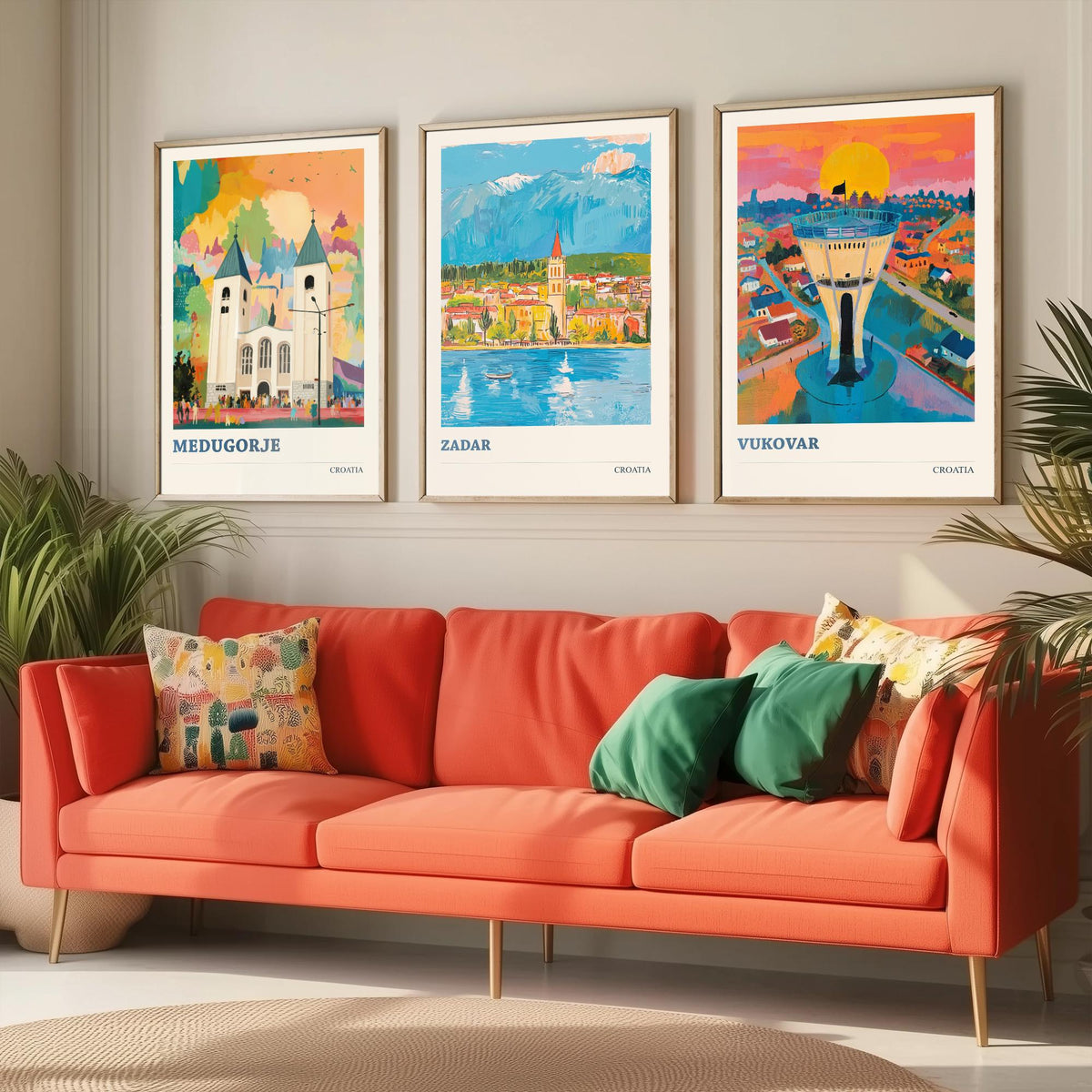 Croatia Set of Three Prints | Medjugorje Zadar Vukovar | Vibrant Folk Art Travel Landscape Painting Wall Poster