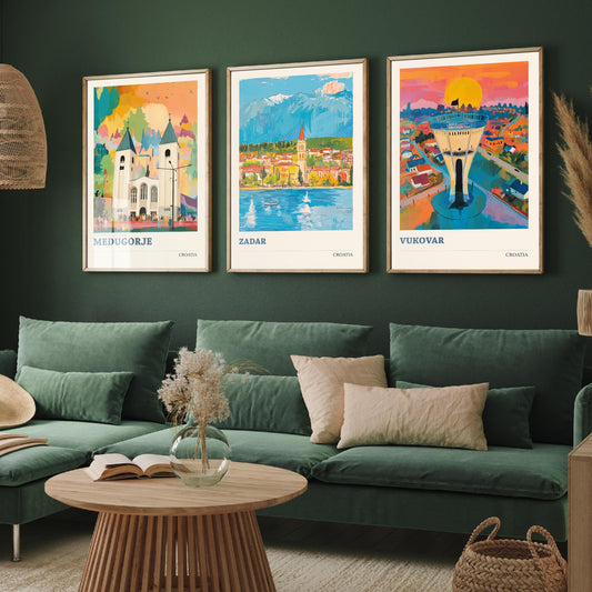 Croatia Set of Three Prints | Medjugorje Zadar Vukovar | Vibrant Folk Art Travel Landscape Painting Wall Poster