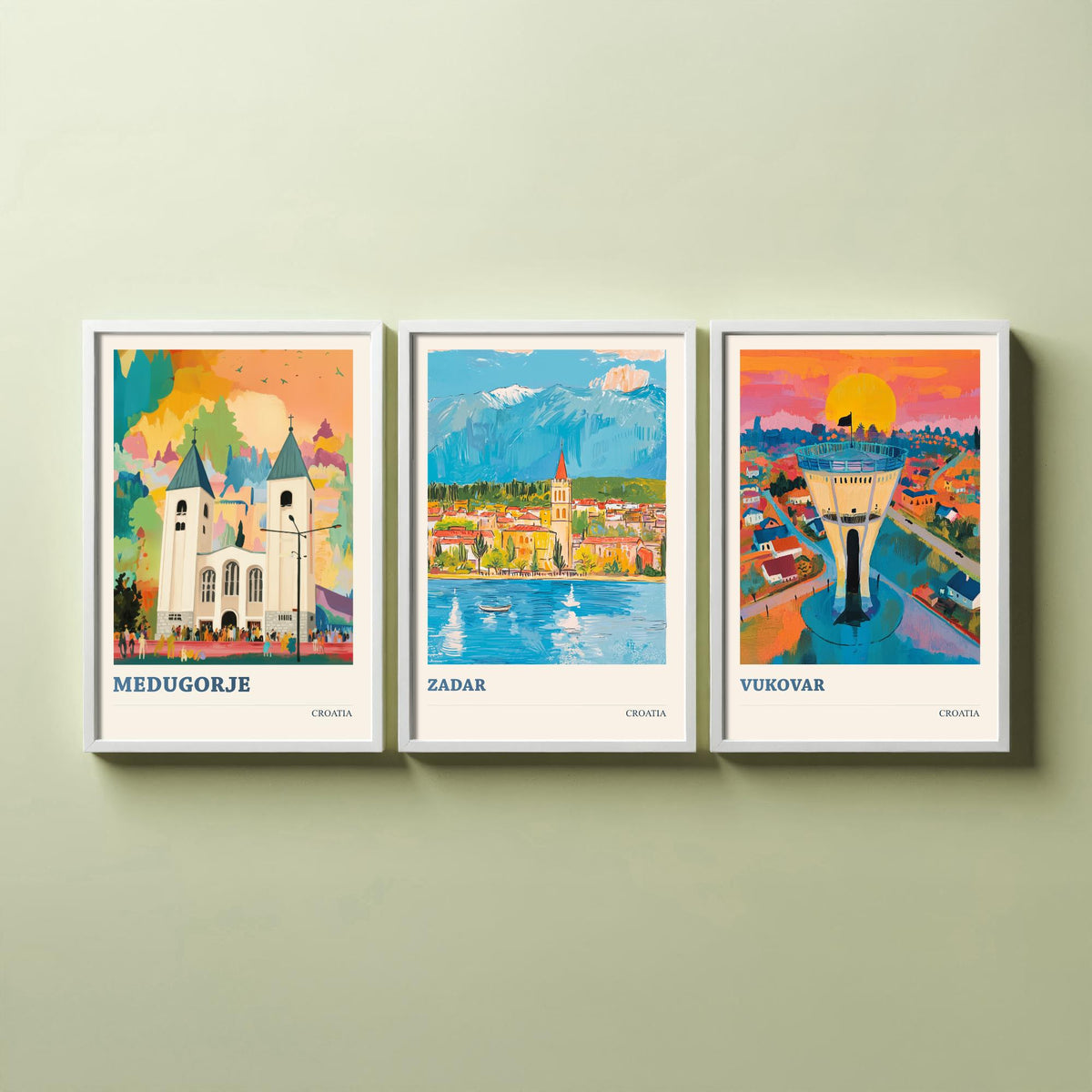 Croatia Set of Three Prints | Medjugorje Zadar Vukovar | Vibrant Folk Art Travel Landscape Painting Wall Poster