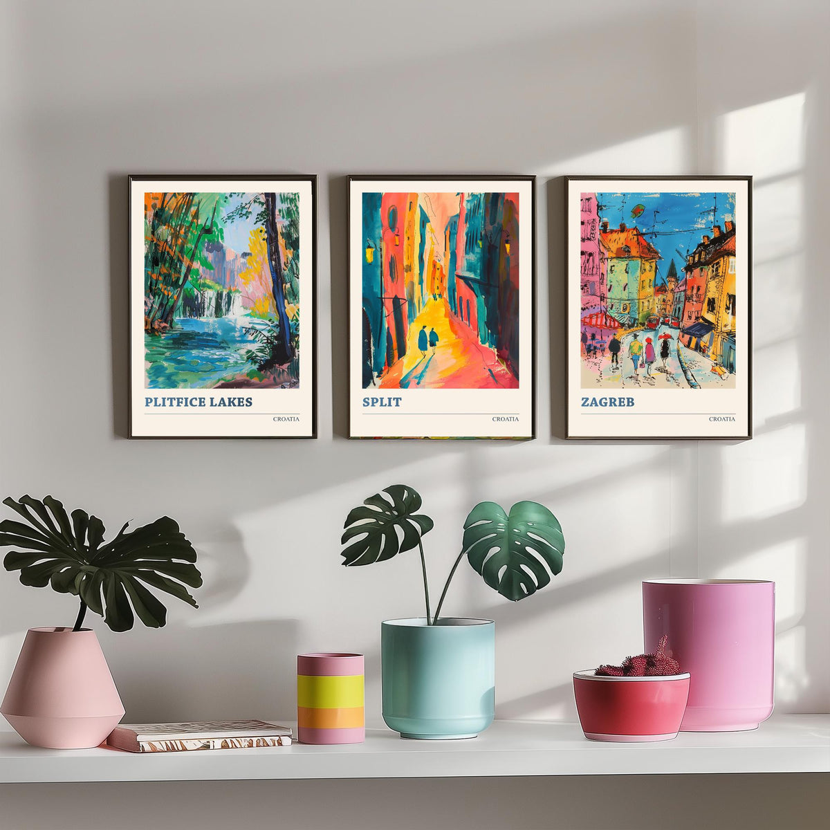Croatia Set of Three Prints | Plitvice Lakes Split Zagreb | Vibrant Expressive Travel Landscape Painting Poster