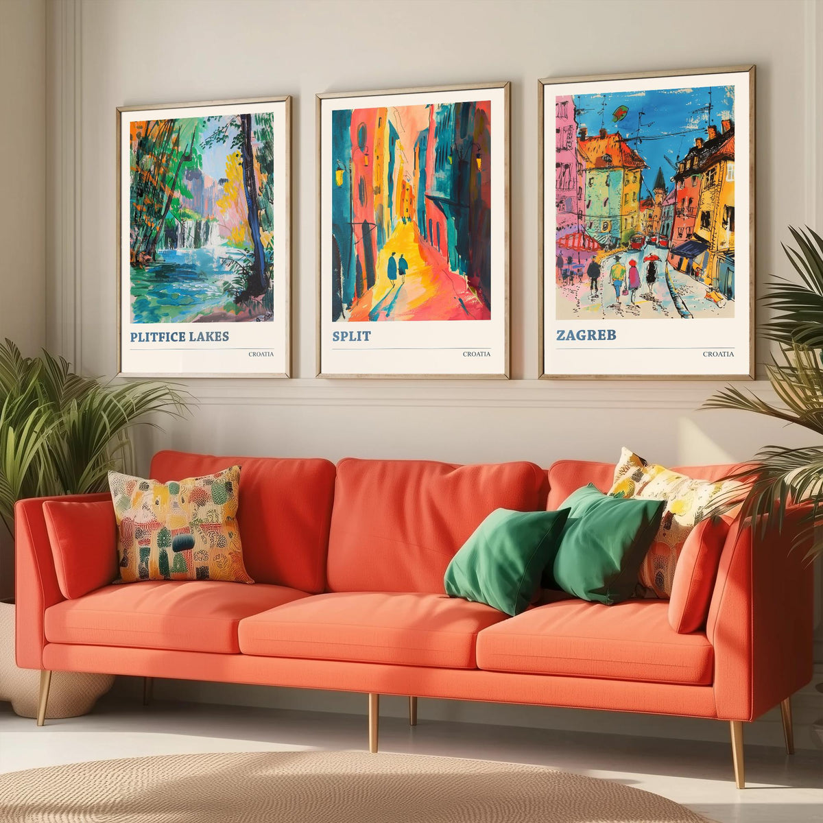 Croatia Set of Three Prints | Plitvice Lakes Split Zagreb | Vibrant Expressive Travel Landscape Painting Poster