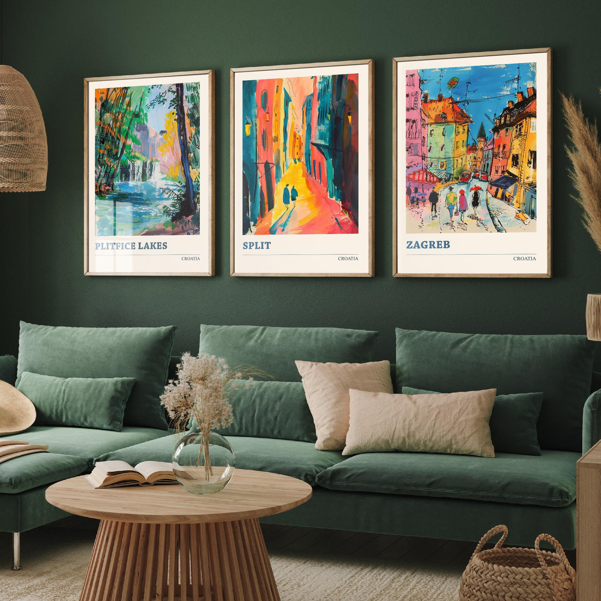 Croatia Set of Three Prints | Plitvice Lakes Split Zagreb | Vibrant Expressive Travel Landscape Painting Poster