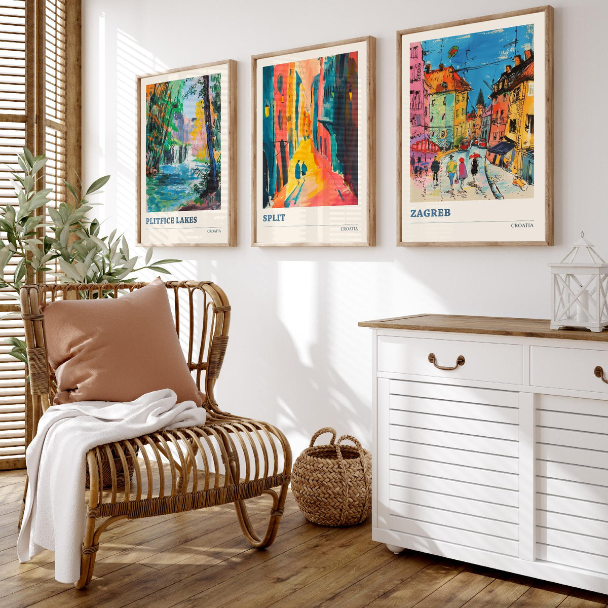Croatia Set of Three Prints | Plitvice Lakes Split Zagreb | Vibrant Expressive Travel Landscape Painting Poster