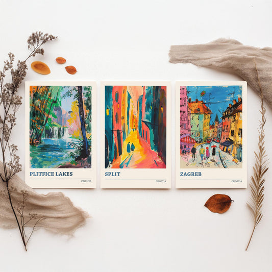 Croatia Set of Three Prints | Plitvice Lakes Split Zagreb | Vibrant Expressive Travel Landscape Painting Poster