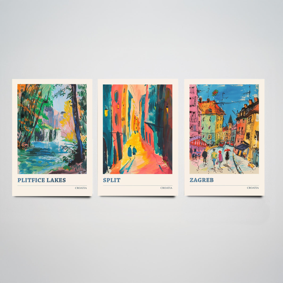 Croatia Set of Three Prints | Plitvice Lakes Split Zagreb | Vibrant Expressive Travel Landscape Painting Poster