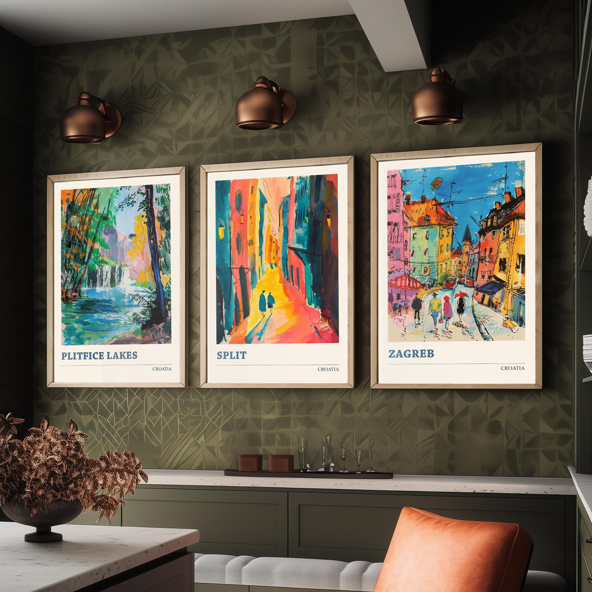 Croatia Set of Three Prints | Plitvice Lakes Split Zagreb | Vibrant Expressive Travel Landscape Painting Poster