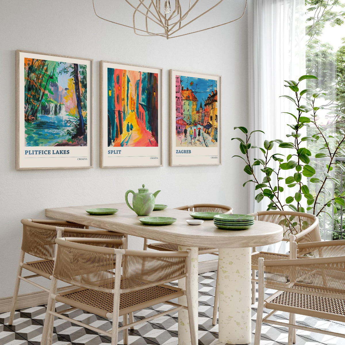 Croatia Set of Three Prints | Plitvice Lakes Split Zagreb | Vibrant Expressive Travel Landscape Painting Poster