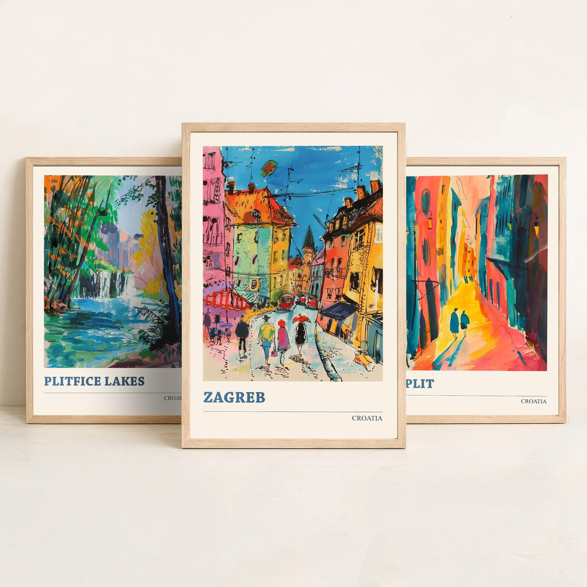 Croatia Set of Three Prints | Plitvice Lakes Split Zagreb | Vibrant Expressive Travel Landscape Painting Poster