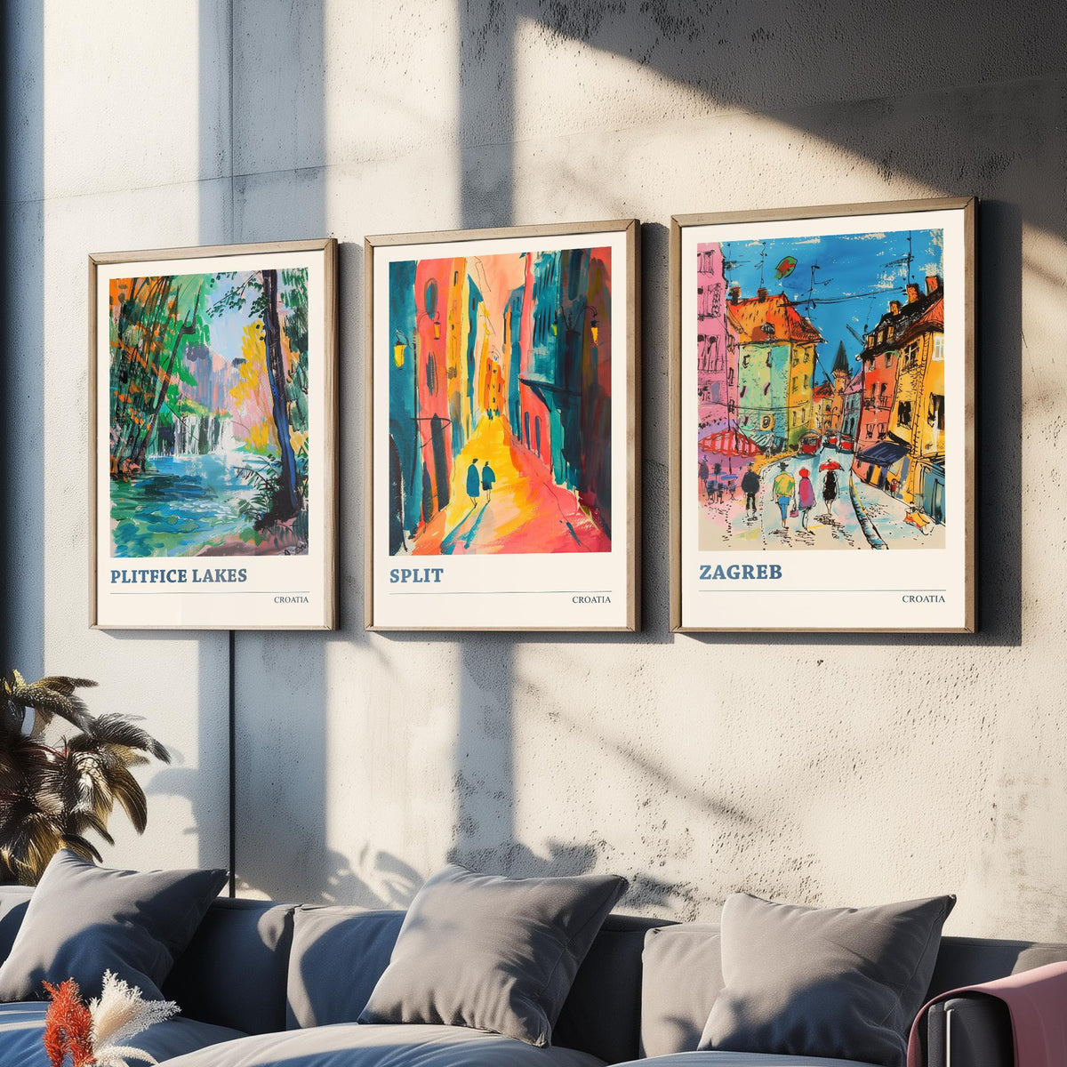 Croatia Set of Three Prints | Plitvice Lakes Split Zagreb | Vibrant Expressive Travel Landscape Painting Poster