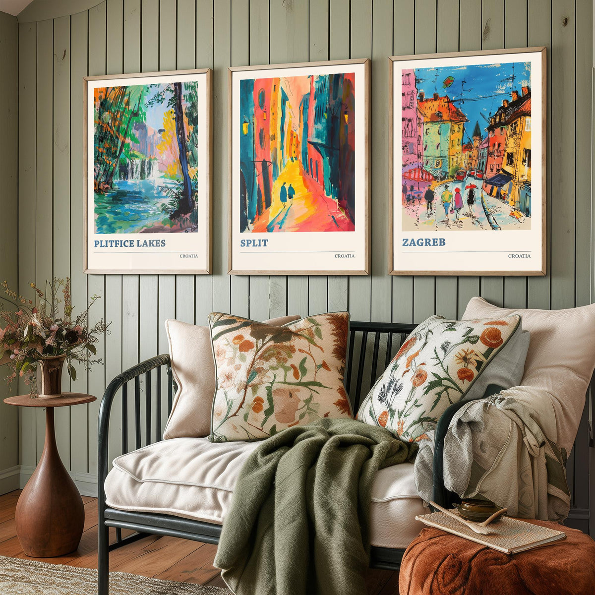 Croatia Set of Three Prints | Plitvice Lakes Split Zagreb | Vibrant Expressive Travel Landscape Painting Poster
