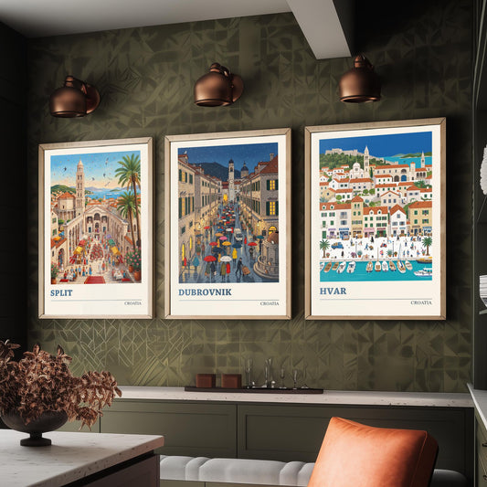 Croatia Set of Three Art Prints - Split, Dubrovnik, Hvar - 3 Colourful Folk Illustration Travel Posters - Dalmatian Painting