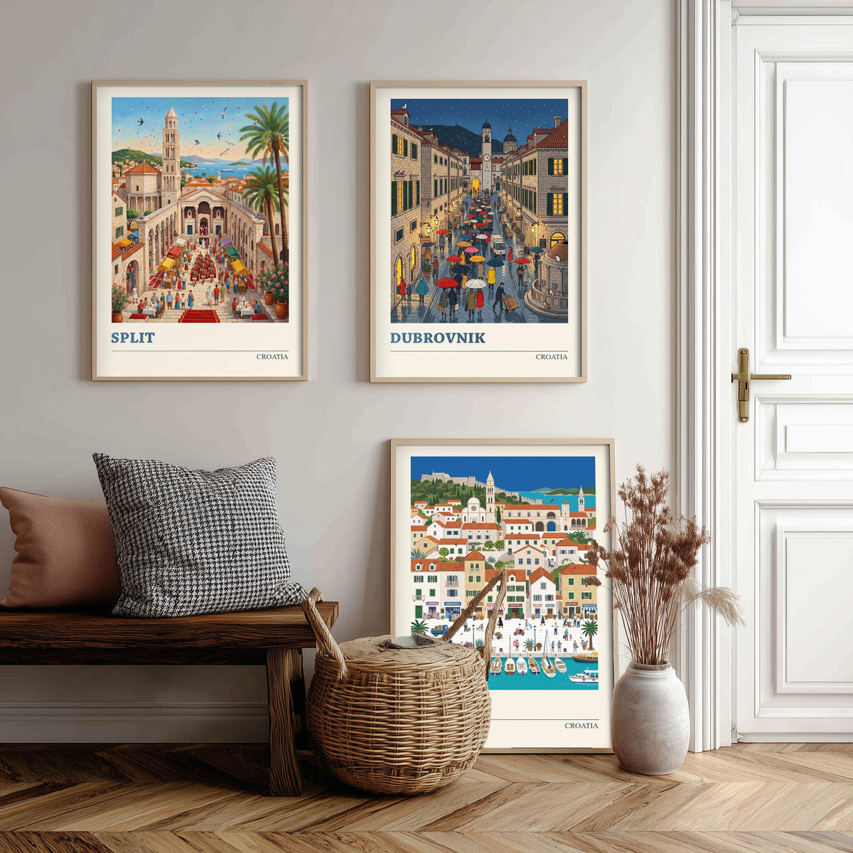 Croatia Set of Three Art Prints - Split, Dubrovnik, Hvar - 3 Colourful Folk Illustration Travel Posters - Dalmatian Painting