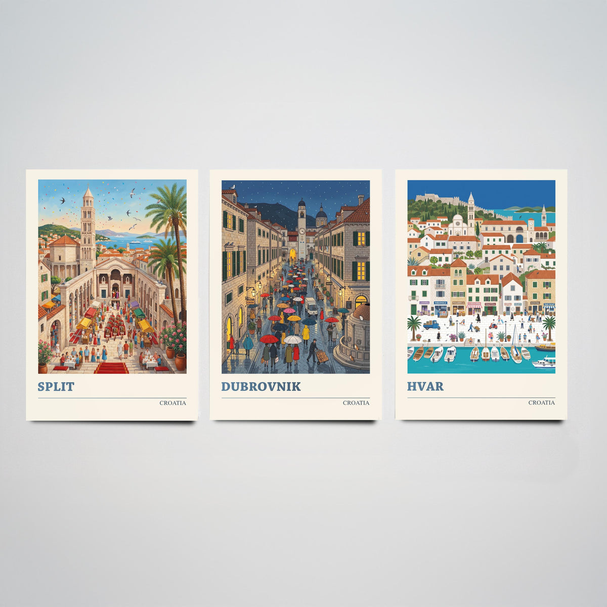 Croatia Set of Three Art Prints - Split, Dubrovnik, Hvar - 3 Colourful Folk Illustration Travel Posters - Dalmatian Painting