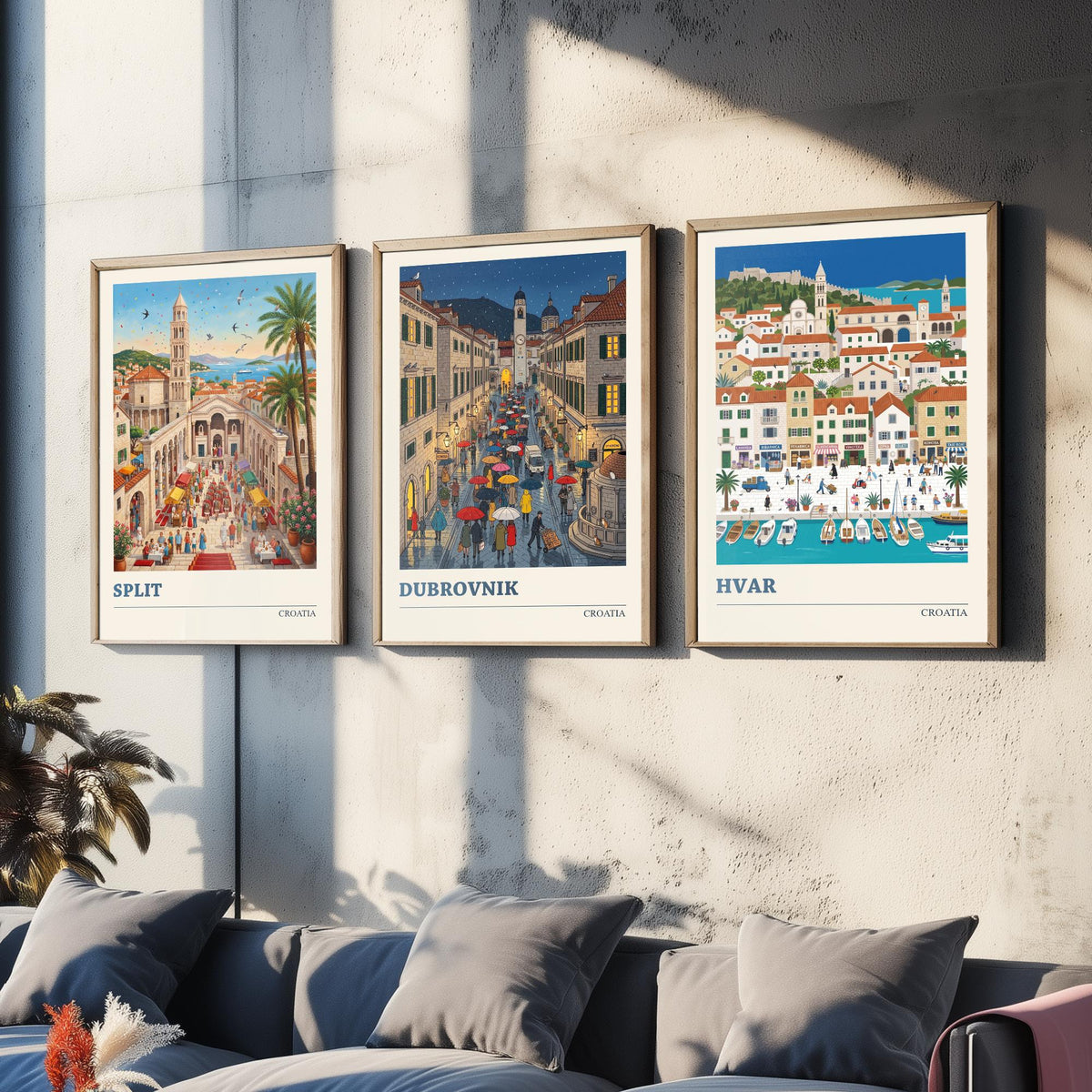 Croatia Set of Three Art Prints - Split, Dubrovnik, Hvar - 3 Colourful Folk Illustration Travel Posters - Dalmatian Painting