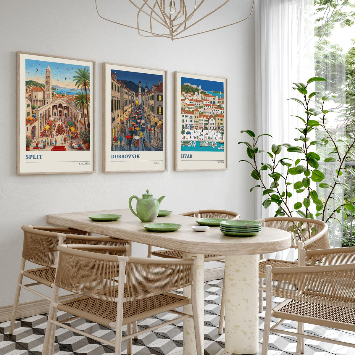 Croatia Set of Three Art Prints - Split, Dubrovnik, Hvar - 3 Colourful Folk Illustration Travel Posters - Dalmatian Painting