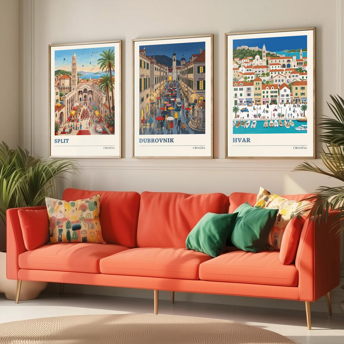 Croatia Set of Three Art Prints - Split, Dubrovnik, Hvar - 3 Colourful Folk Illustration Travel Posters - Dalmatian Painting