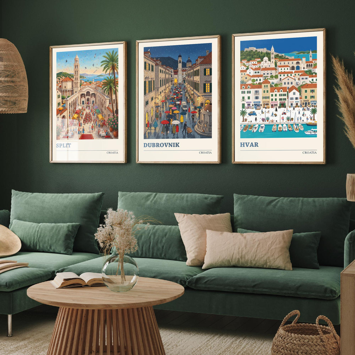 Croatia Set of Three Art Prints - Split, Dubrovnik, Hvar - 3 Colourful Folk Illustration Travel Posters - Dalmatian Painting