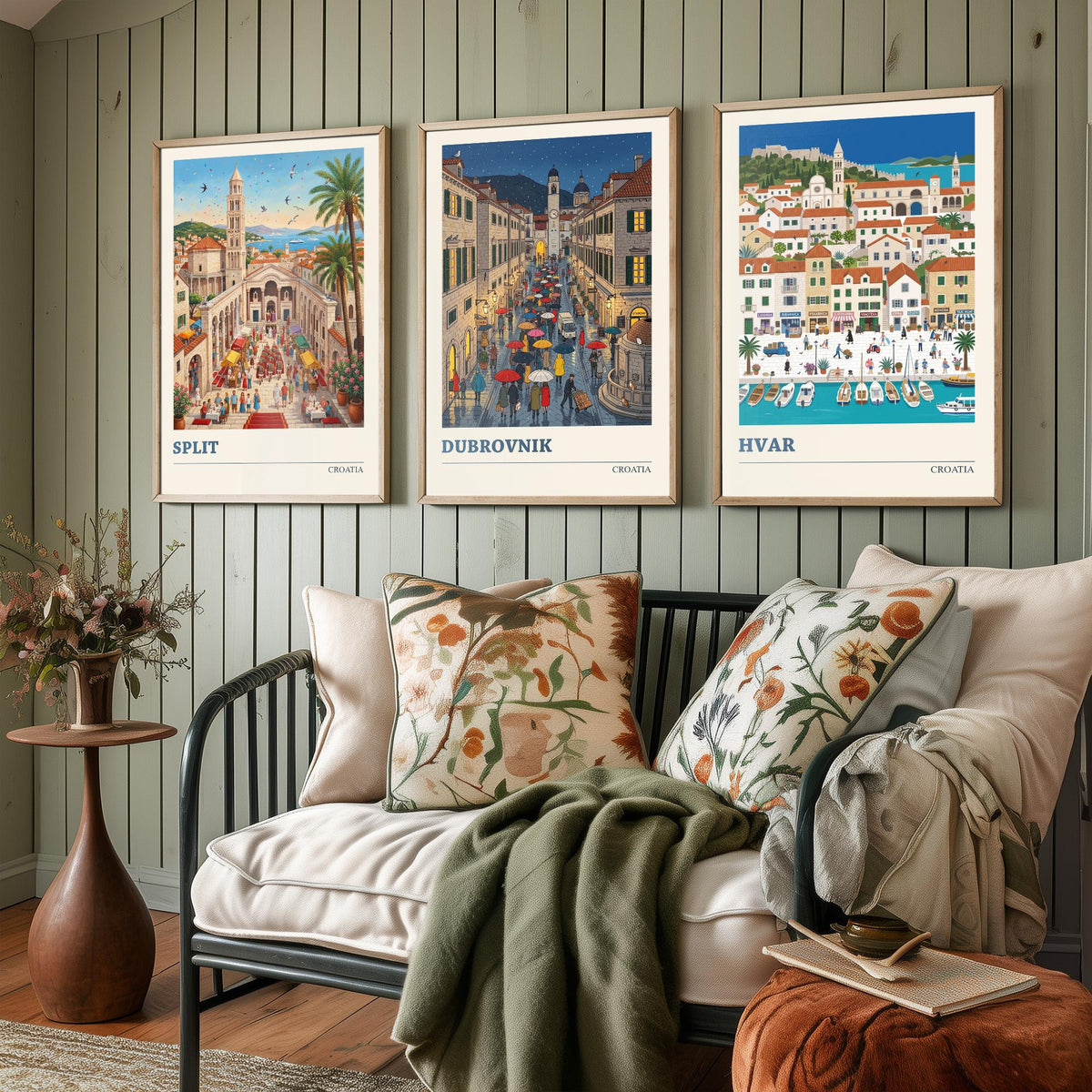Croatia Set of Three Art Prints - Split, Dubrovnik, Hvar - 3 Colourful Folk Illustration Travel Posters - Dalmatian Painting
