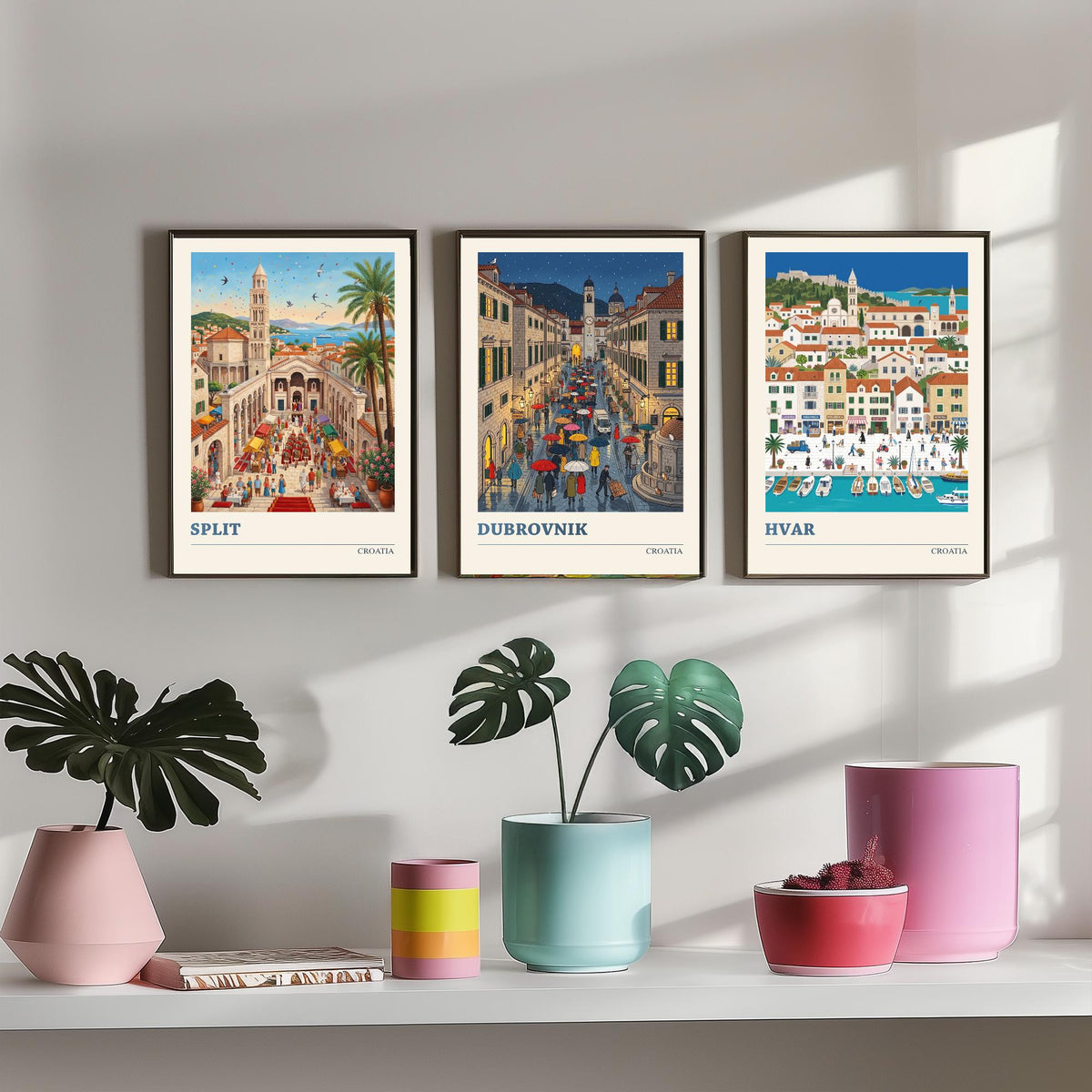 Croatia Set of Three Art Prints - Split, Dubrovnik, Hvar - 3 Colourful Folk Illustration Travel Posters - Dalmatian Painting