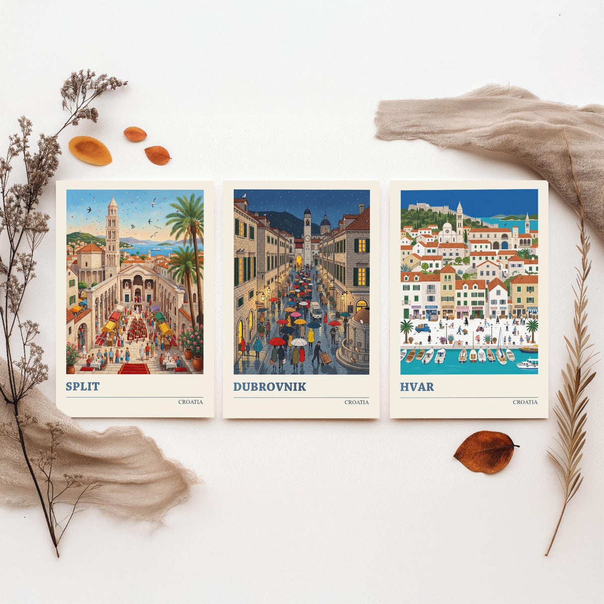 Croatia Set of Three Art Prints - Split, Dubrovnik, Hvar - 3 Colourful Folk Illustration Travel Posters - Dalmatian Painting