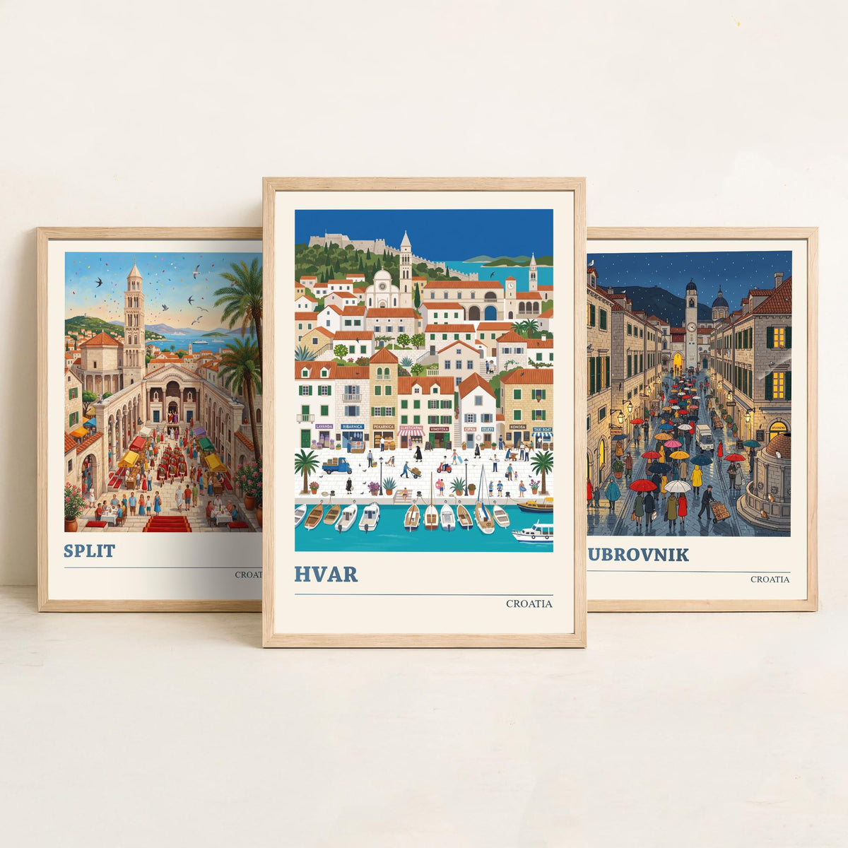Croatia Set of Three Art Prints - Split, Dubrovnik, Hvar - 3 Colourful Folk Illustration Travel Posters - Dalmatian Painting