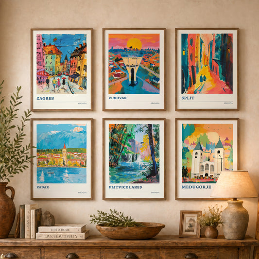 Set of Six Croatia Travel Posters - 6 Ludwig Art Prints - Zagreb, Vukovar, Split, Zadar, Plitvice Lakes, Medjugorje Painting