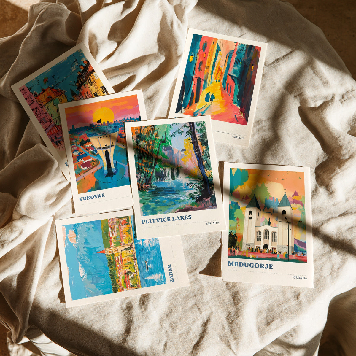 Set of Six Croatia Travel Posters - 6 Ludwig Art Prints - Zagreb, Vukovar, Split, Zadar, Plitvice Lakes, Medjugorje Painting