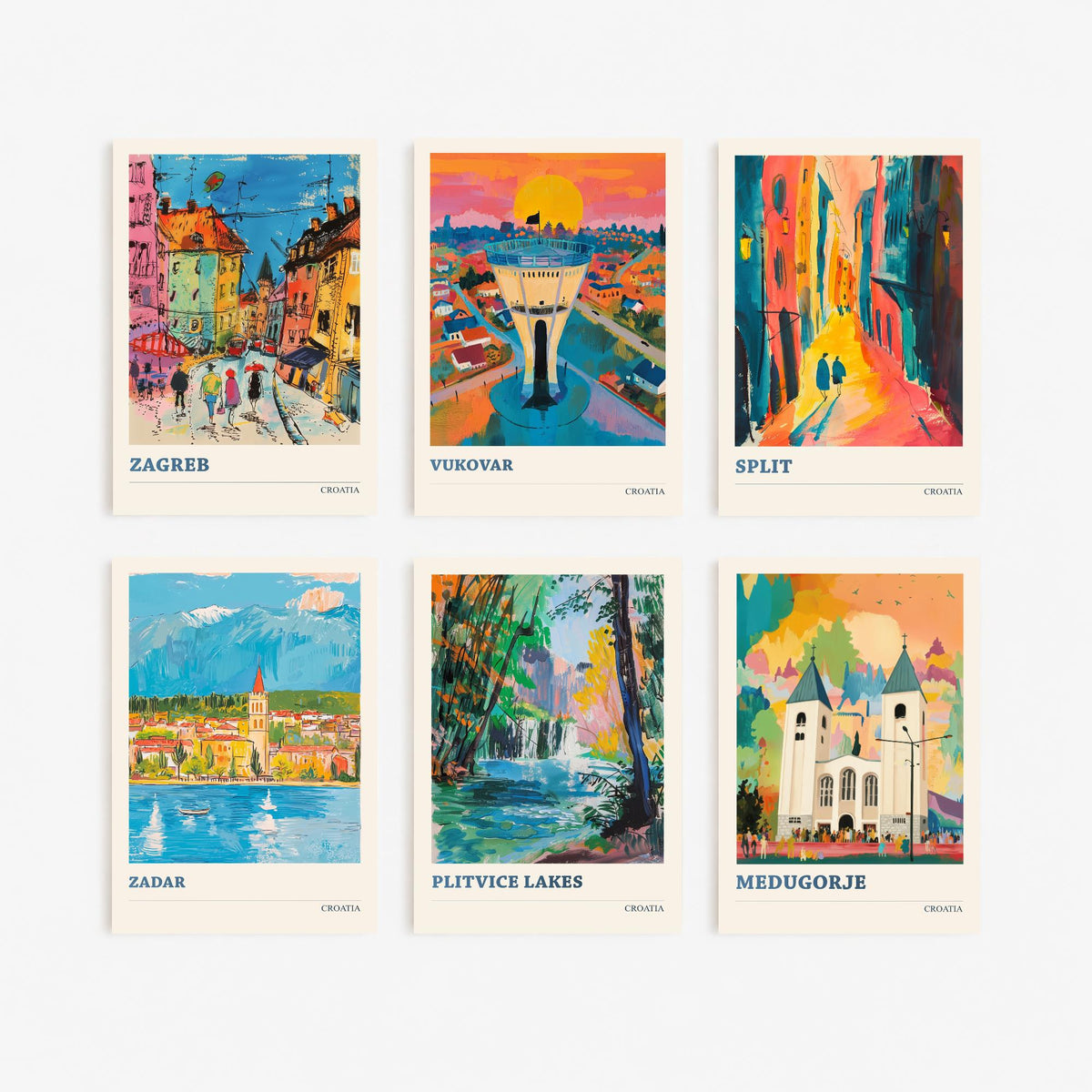 Set of Six Croatia Travel Posters - 6 Ludwig Art Prints - Zagreb, Vukovar, Split, Zadar, Plitvice Lakes, Medjugorje Painting
