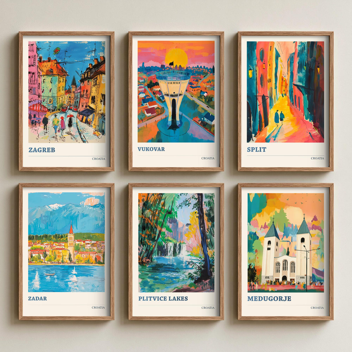 Set of Six Croatia Travel Posters - 6 Ludwig Art Prints - Zagreb, Vukovar, Split, Zadar, Plitvice Lakes, Medjugorje Painting