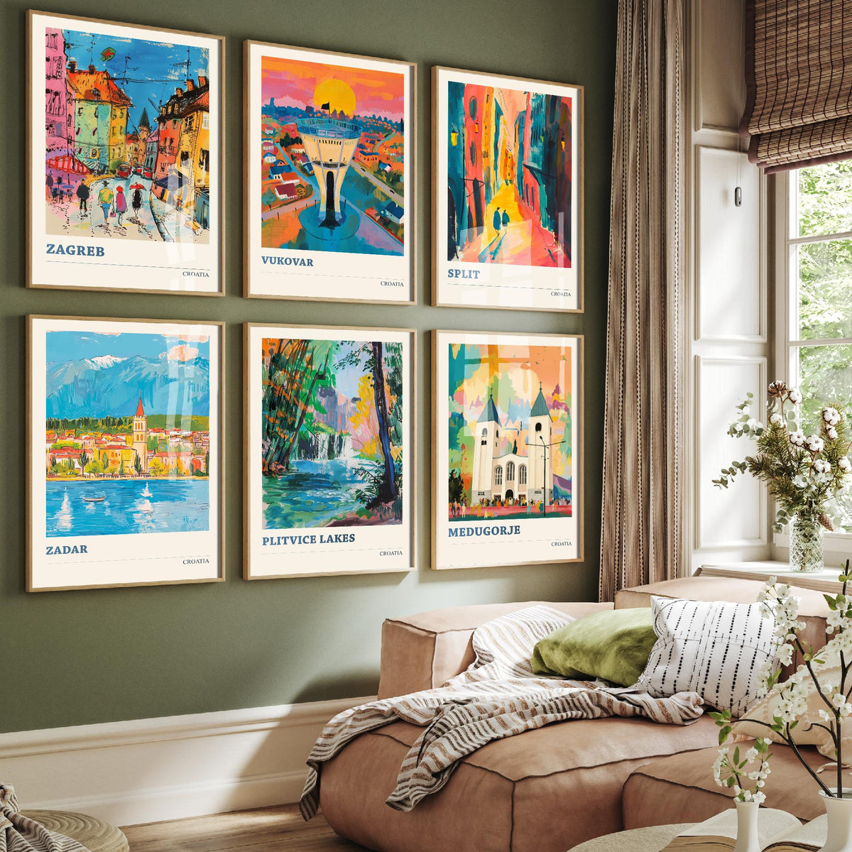 Set of Six Croatia Travel Posters - 6 Ludwig Art Prints - Zagreb, Vukovar, Split, Zadar, Plitvice Lakes, Medjugorje Painting