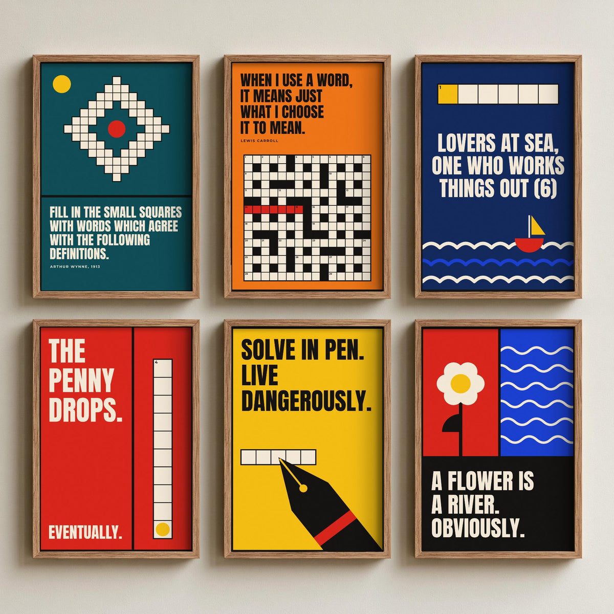 Set of Six Cryptic Crossword Quote Art Prints - 6 Bauhaus Puzzle Posters - Minimalist Word Illustration - Grid, Clue, Pen