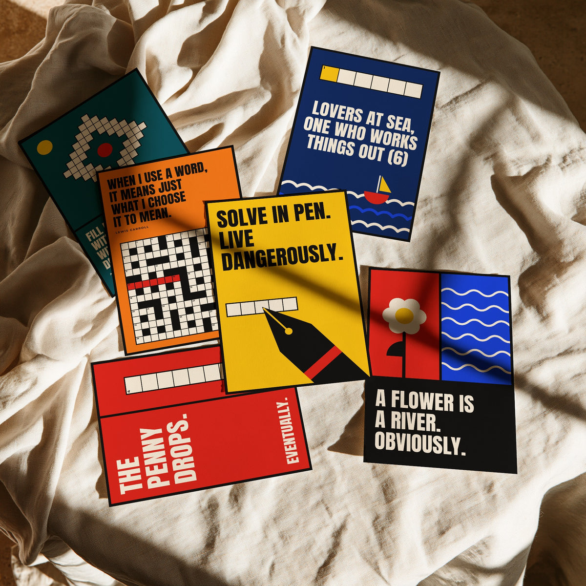 Set of Six Cryptic Crossword Quote Art Prints - 6 Bauhaus Puzzle Posters - Minimalist Word Illustration - Grid, Clue, Pen