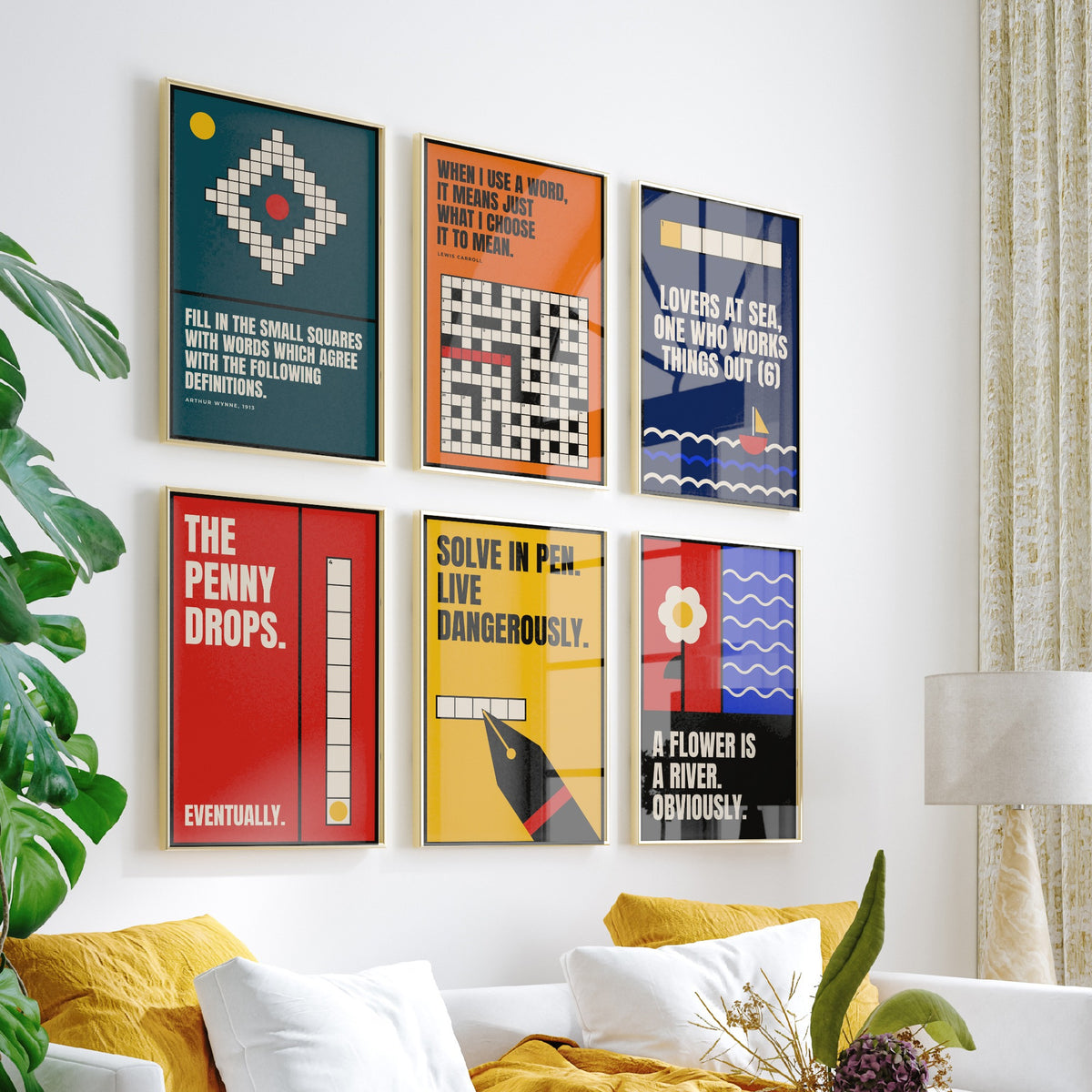 Set of Six Cryptic Crossword Quote Art Prints - 6 Bauhaus Puzzle Posters - Minimalist Word Illustration - Grid, Clue, Pen